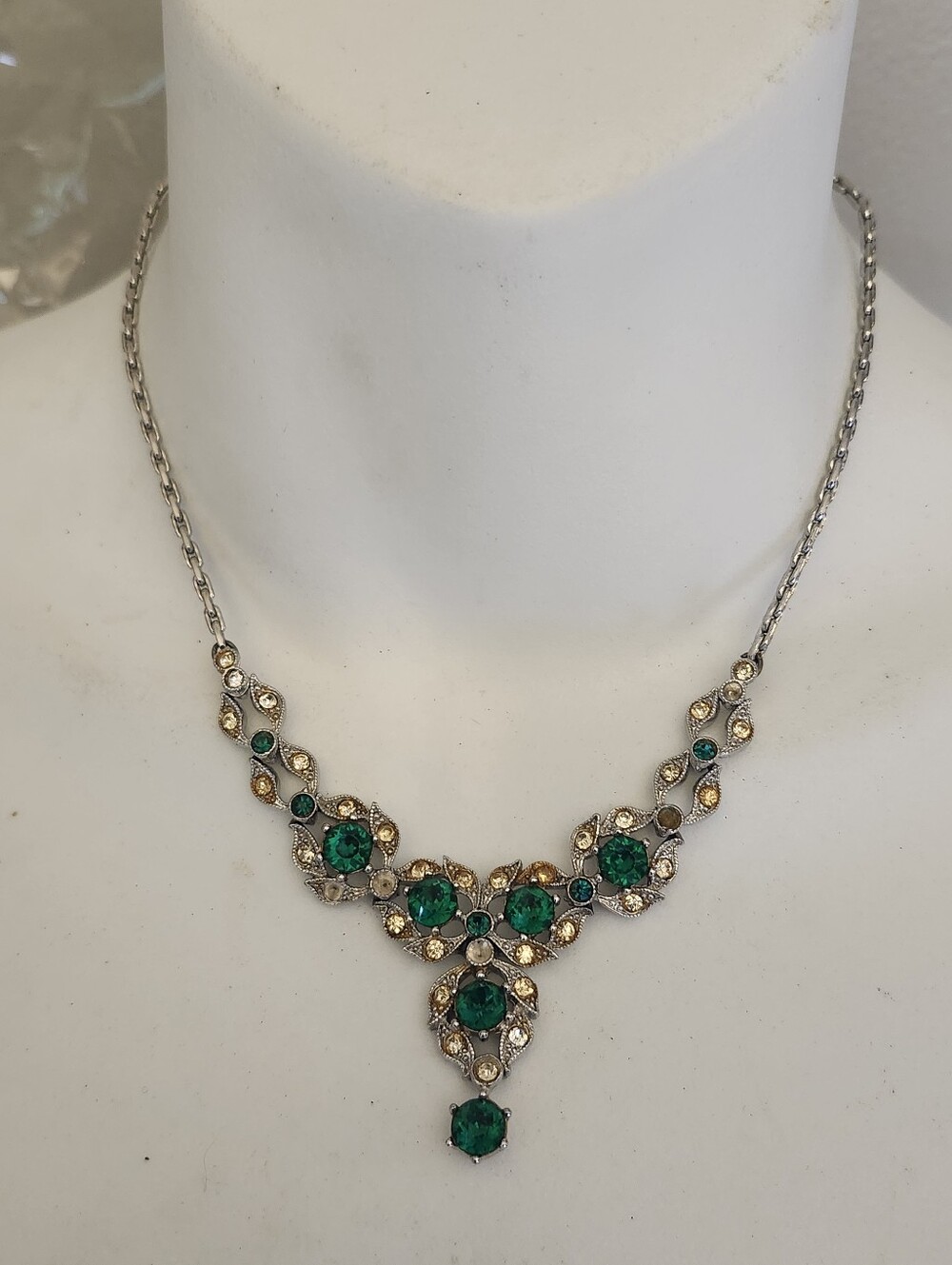 Emerald Green Crystal Bib Silver Tone Necklace - Vintage